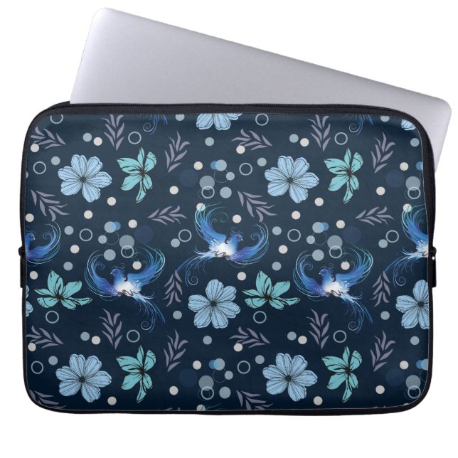 Blue Birds and Floral Harmony Seamless Pattern Laptop Sleeve (Front)