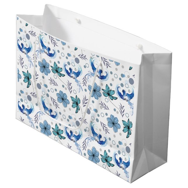 Blue Birds and Floral Harmony Seamless Pattern Large Gift Bag (Front Angled)