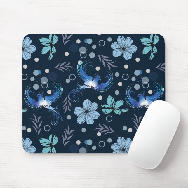 Blue Birds and Floral Harmony Seamless Pattern Mouse Pad (With Mouse)