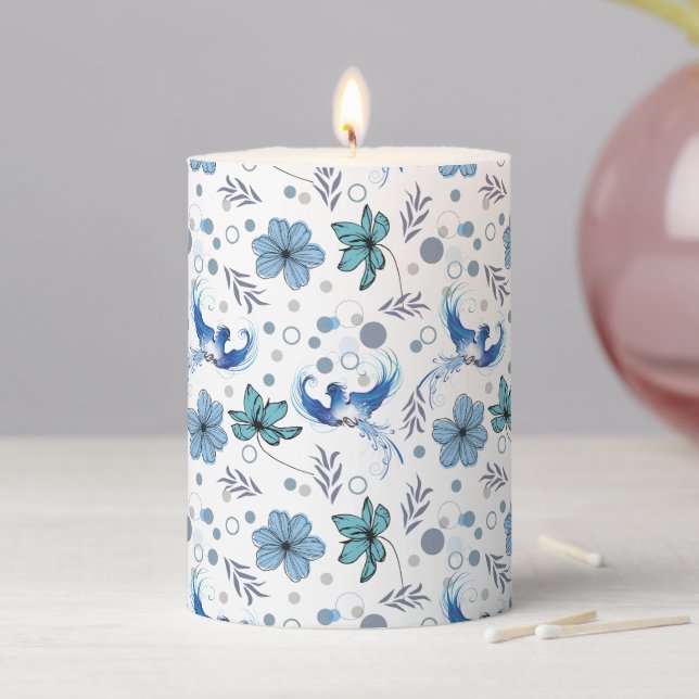 Blue Birds and Floral Harmony Seamless Pattern Pillar Candle (In Situ)