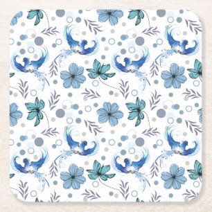 Blue Birds and Floral Harmony Seamless Pattern Square Paper Coaster
