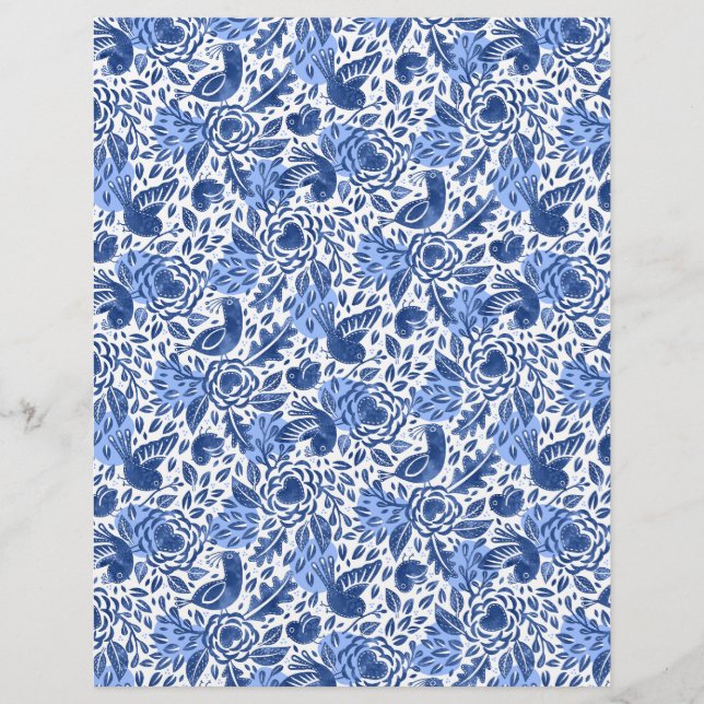 Blue Birds and Hearts Pattern Scrapbook Paper (Front)