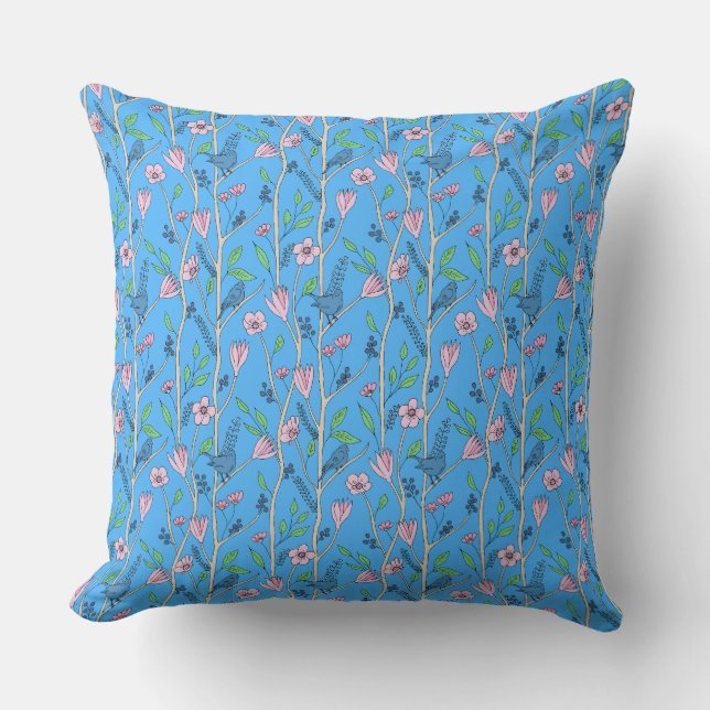 Blue Birds and Pink Flowers Throw Pillow (Front)