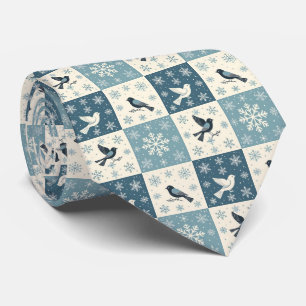 Blue Birds and Snowflakes Christmas Winter Pattern Neck Tie