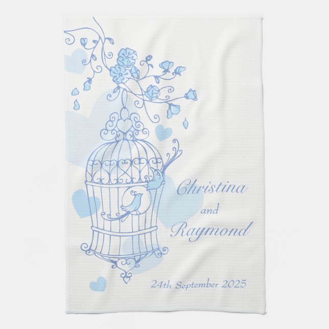 Blue birds birdcage wedding keepsake kitchen towel (Vertical)