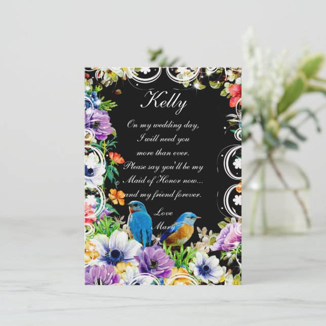 Blue Birds & Botanical Floral  Maid Of Honor  Invitation (Standing Front)