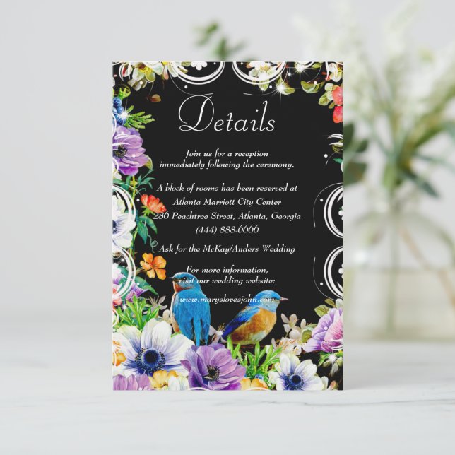 Blue Birds & Botanical Wedding Details Enclosure Invitation (Standing Front)
