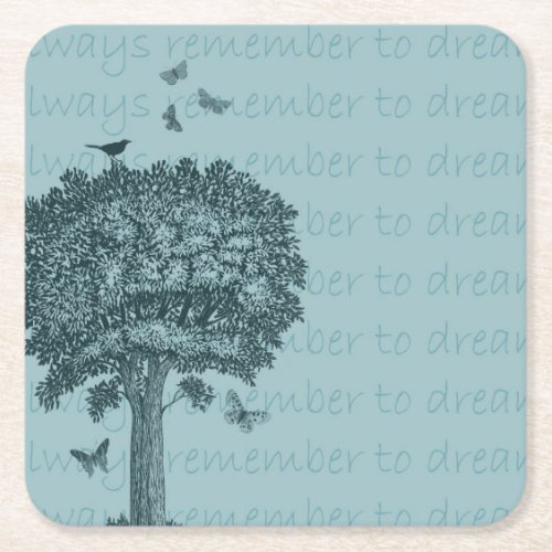Blue Birds Butterflies Dream Tree Square Paper Coaster