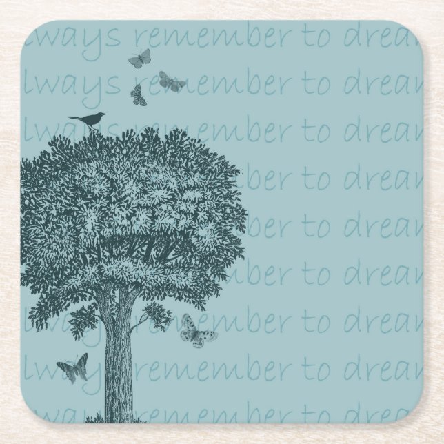 Blue Birds Butterflies Dream Tree Square Paper Coaster (Front)