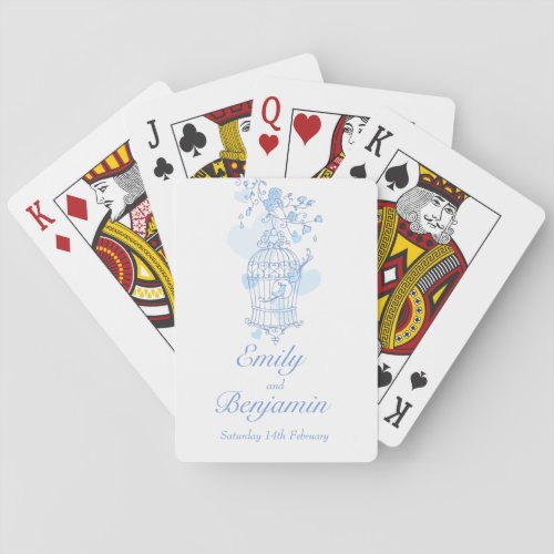 Blue birds cage wedding name playing cards