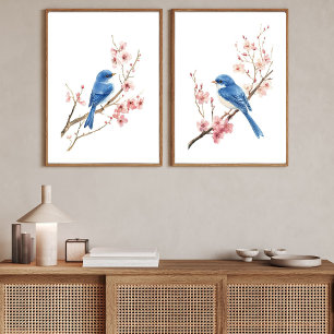 Blue Birds Cherry Blossoms Watercolor Wall Art Sets