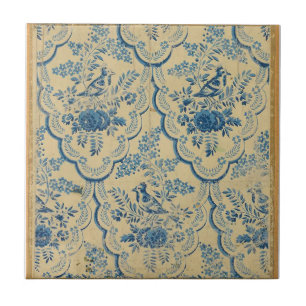 Blue Birds Flower Antique Ruffles White Blue Ceramic Tile