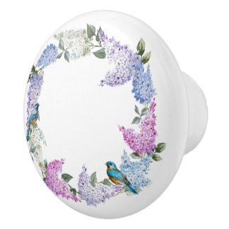 Blue Birds Flowers Knobs Ceramic Draw Pulls