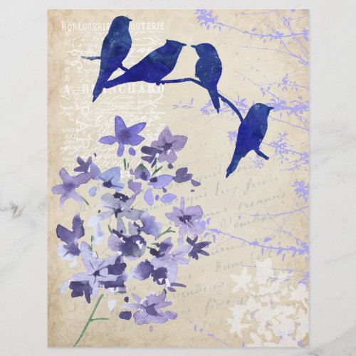 Blue Birds  Flowers Watercolour Scrapbook Paper