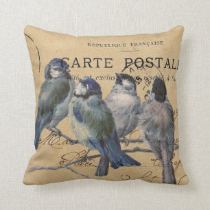 blue birds, french postcard, shabby chic throw pillow