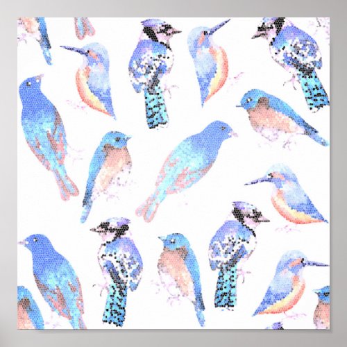 Blue birds in mosaic effect poster
