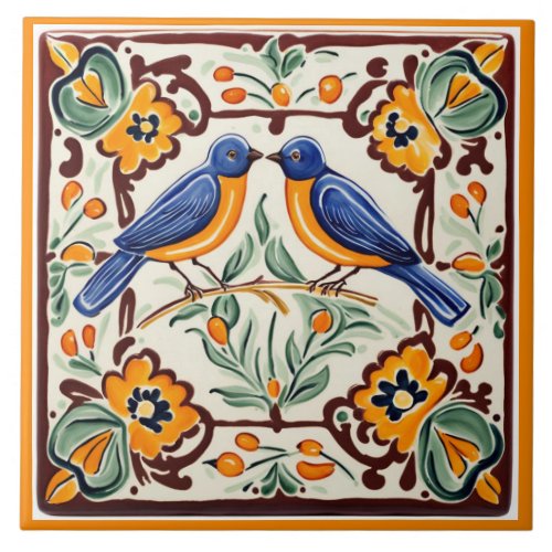 Blue birds Mediterranean BlueBird Folk Floral Ceramic Tile