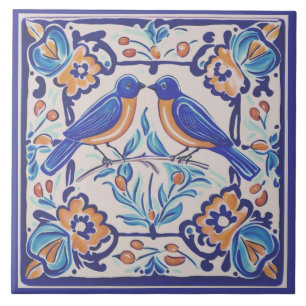 Blue birds Mediterranean BlueBird Folk Floral Ceramic Tile