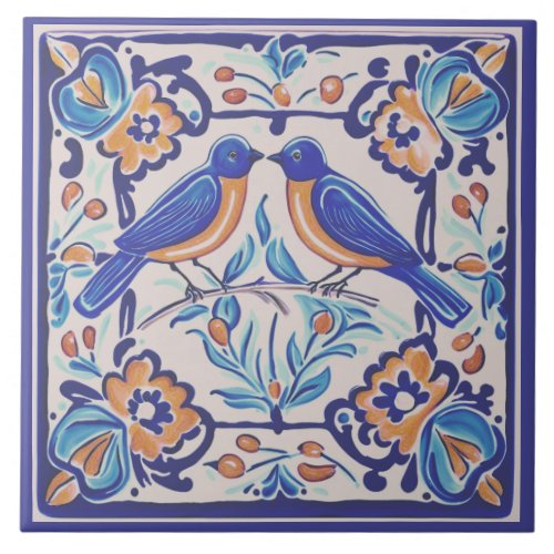 Blue birds Mediterranean BlueBird Folk Floral Ceramic Tile
