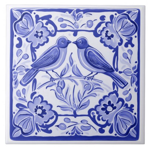 Blue birds Mediterranean BlueBirds Folk Floral Ceramic Tile