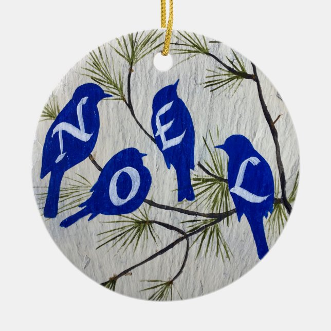 Blue Birds NOEL Porcelain Ornament (Front)