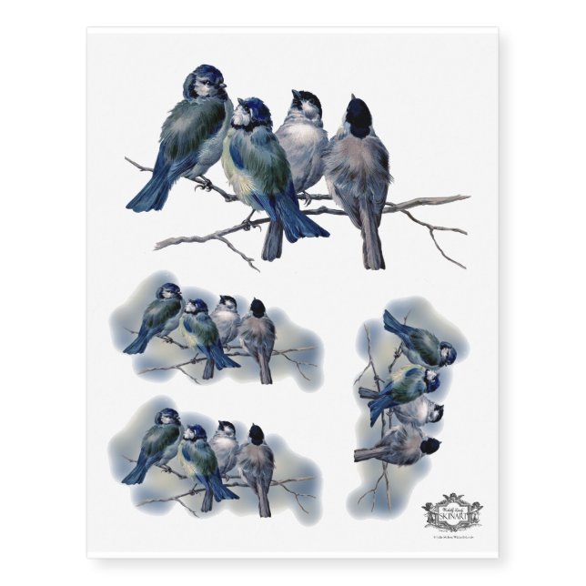 Blue Birds on a branch mixed set Temporary Tattoos (Front)