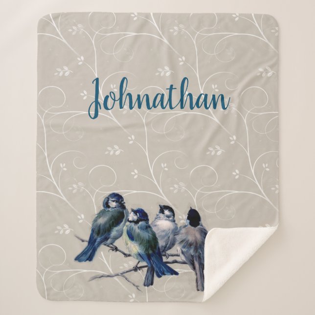 Blue Birds on a Branch Sherpa Blanket (Front)