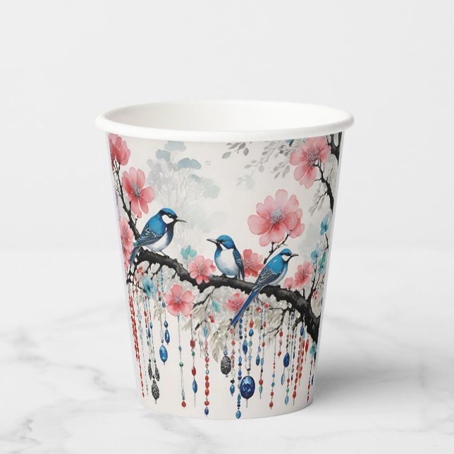 Blue Birds on Cherry Blossom Branches Paper Cups (Front)