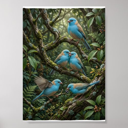 Blue Birds On Lush Forest Trees Botanical Wildlife Poster