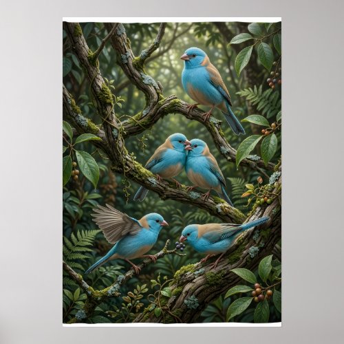 Blue Birds On Lush Forest Trees Botanical Wildlife Poster
