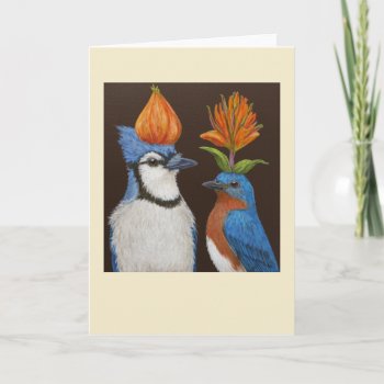 Blue Birds On Orange Hat Night Card by vickisawyer at Zazzle