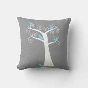 Blue Birds on White Tree Gray Background Nature Throw Pillow
