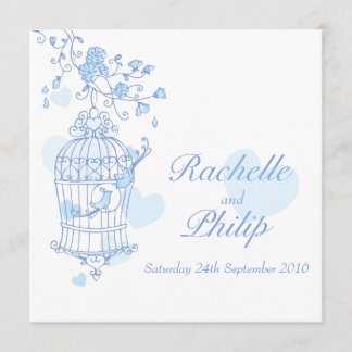 Blue birds open cage square wedding invitation