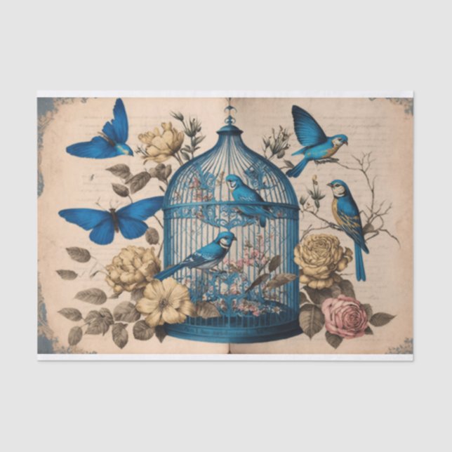 Blue Birds Paradise Birdcage butterflies decoupage Tissue Paper (Front)