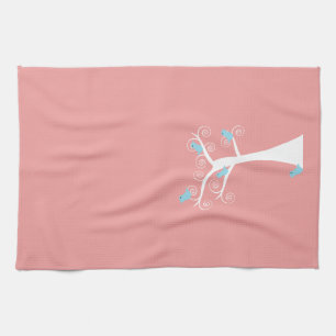 Blue Birds Pink Background Whimsical Tree Kitchen Towel