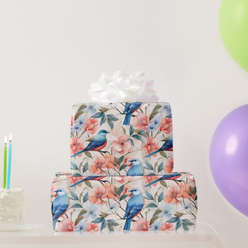 Blue Birds Pink Flowers Wildlife Nature Wrapping Paper