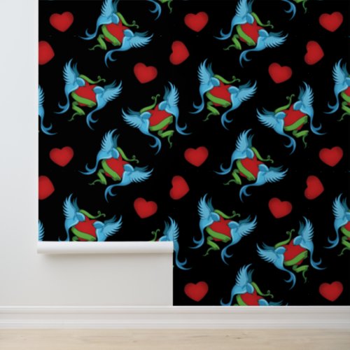 Blue Birds Tattoo Design Red and Blue on Black Wallpaper