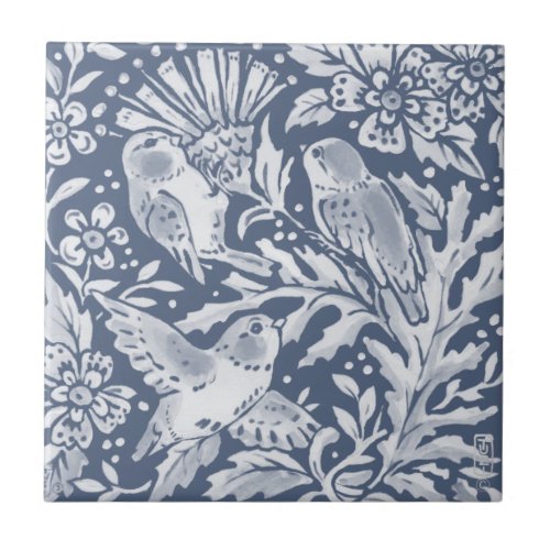 Blue Birds Thistle Flower Woodland Faces R Ceramic Tile