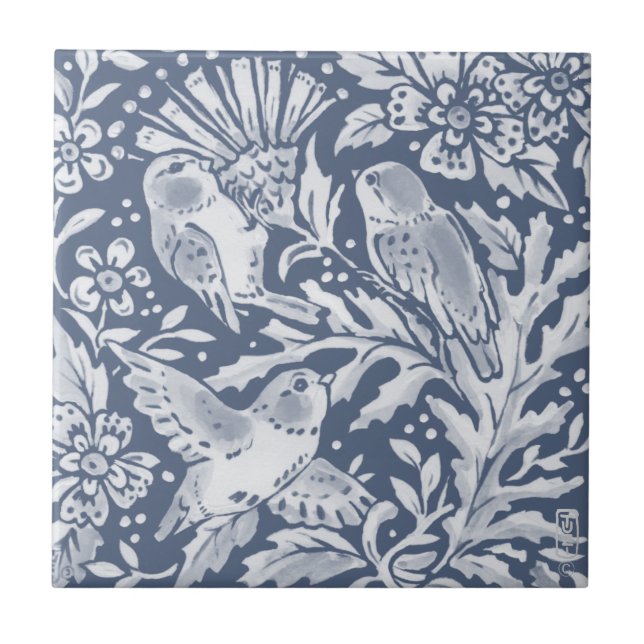 Blue Birds Thistle Flower Woodland Faces R Ceramic Tile (Front)