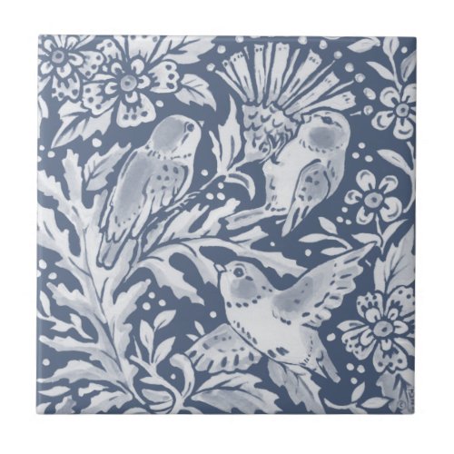 Blue Birds Thistle Flower Woodland Floral Ceramic Tile
