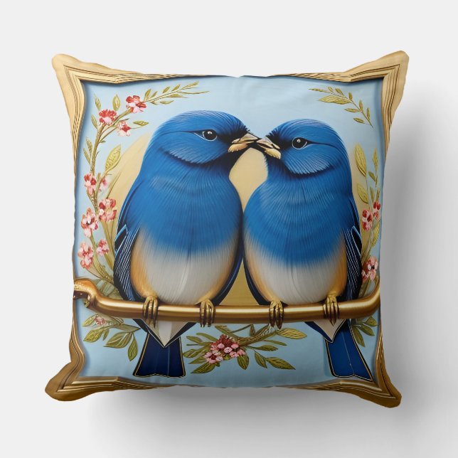 🌸 Blue Birds Throw Pillow Floral Nature Decor 🐦✨ (Front)