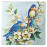 Blue Birds Tile<br><div class="desc">Vintage Image of Blue Birds & White Flower Blossoms on Tile</div>