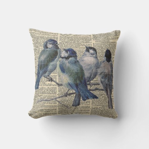 blue birds vintage dictionary print decorative throw pillow