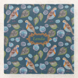 Blue Birds Watercolor Pattern Glass Coaster