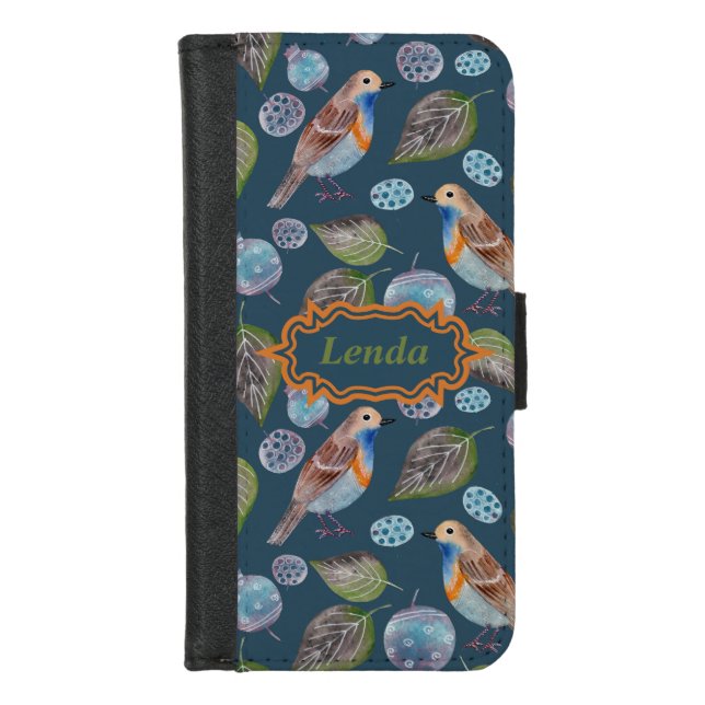 Blue Birds Watercolor Pattern iPhone Wallet Case (Front)