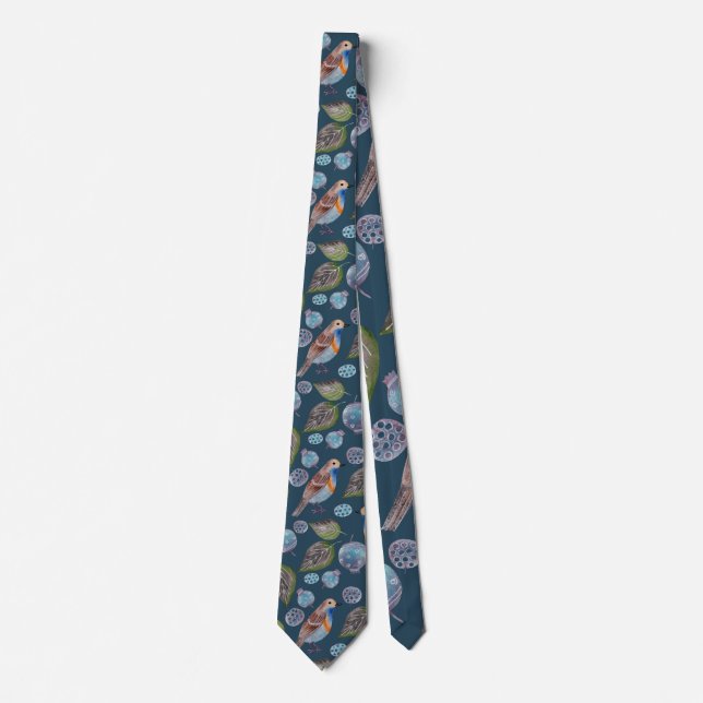 Blue Birds Watercolor Pattern Neck Tie (Front)