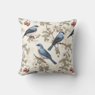 Blue Birds with Berries and Blossoms Vintage Throw Pillow