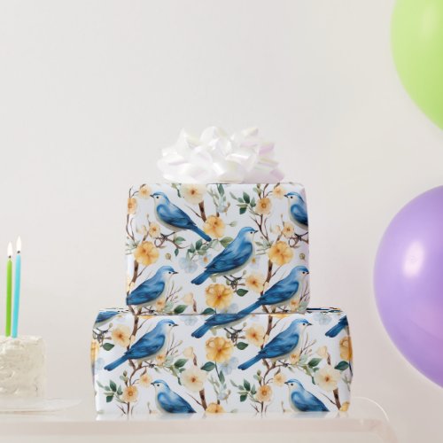Blue Birds Yellow Flowers Wildlife Nature Wrapping Paper