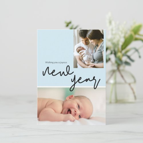 Blue Birth Stat Photo Happy New Year Baby boy Holiday Card