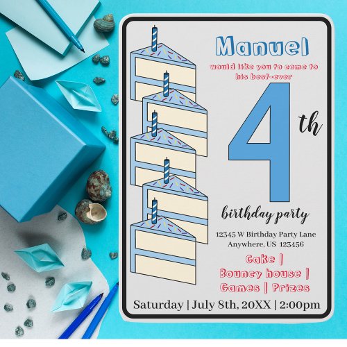 Blue Birthday Cake 4th Birthday Party Kids Invitation